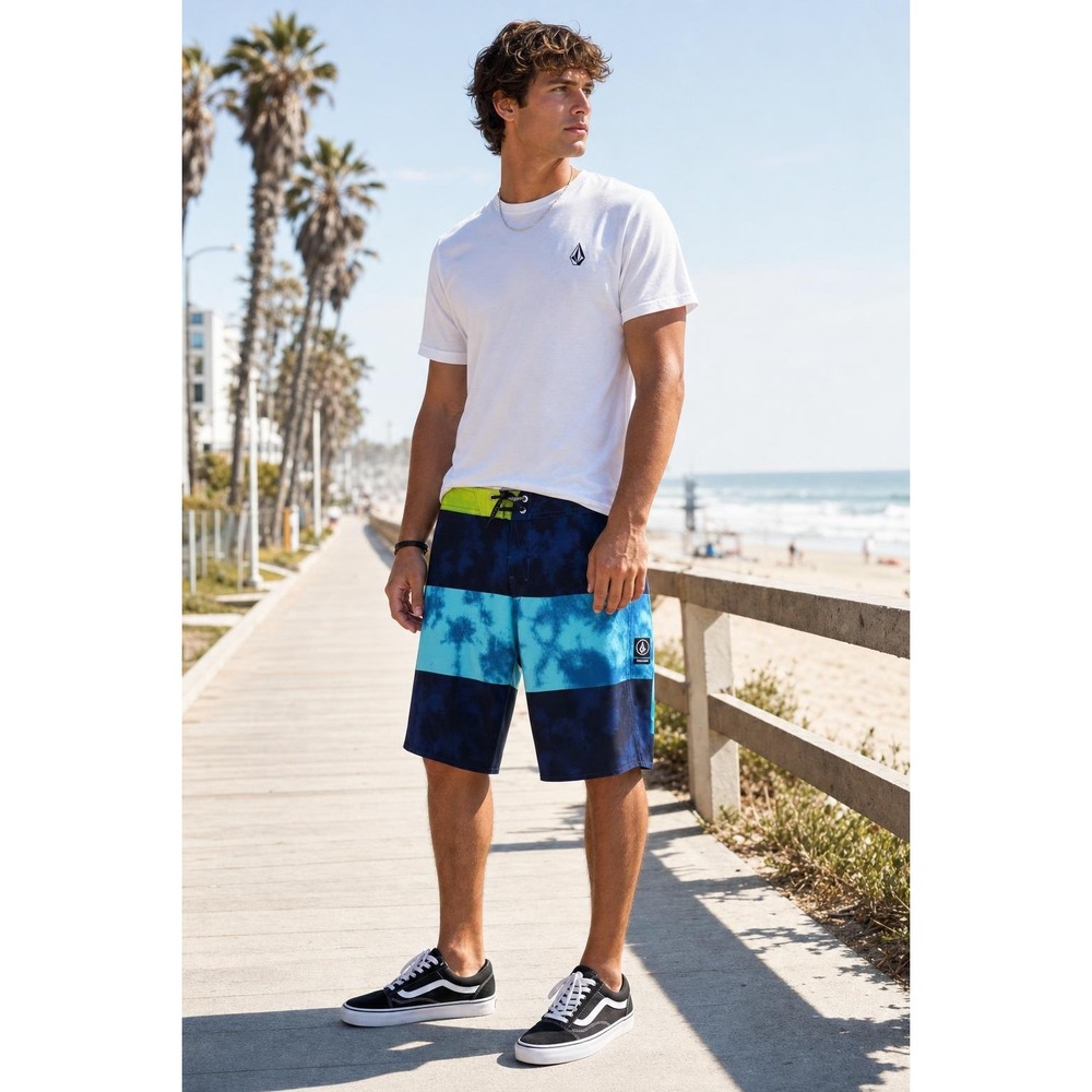 Volcom Mod-Tech Board Shorts Men's 30 Blue Tie Dye Surf Swim Beach Skater